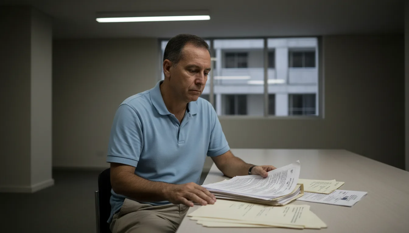 Hombre con camisa celeste revisa documentos y carpetas apilados sobre una mesa, en una oficina vacía