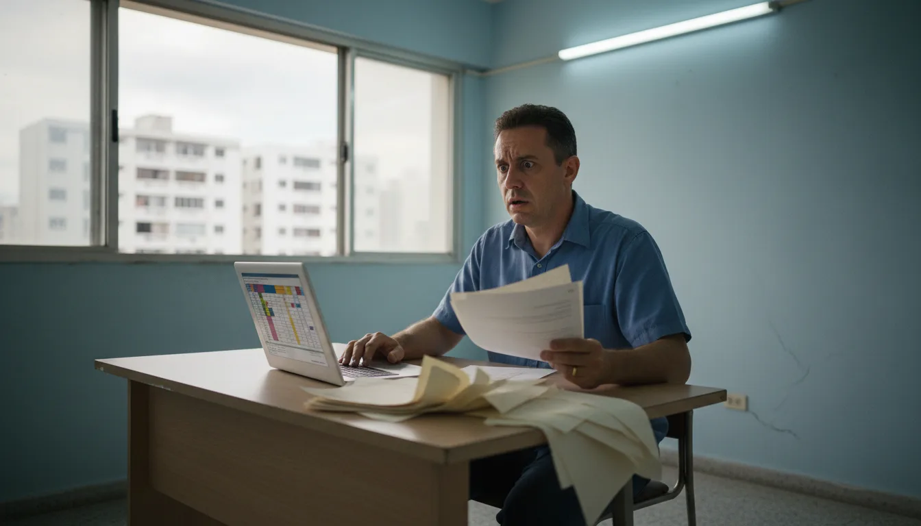 Hombre en un escritorio revisa documentos impresos y una pantalla con tablas, con gesto de desconcierto