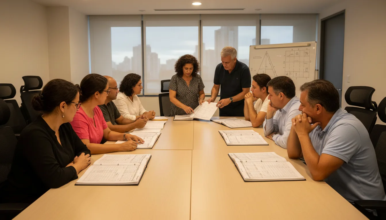 Ocho personas en una sala de reuniones revisan carpetas con informes financieros sobre una mesa larga