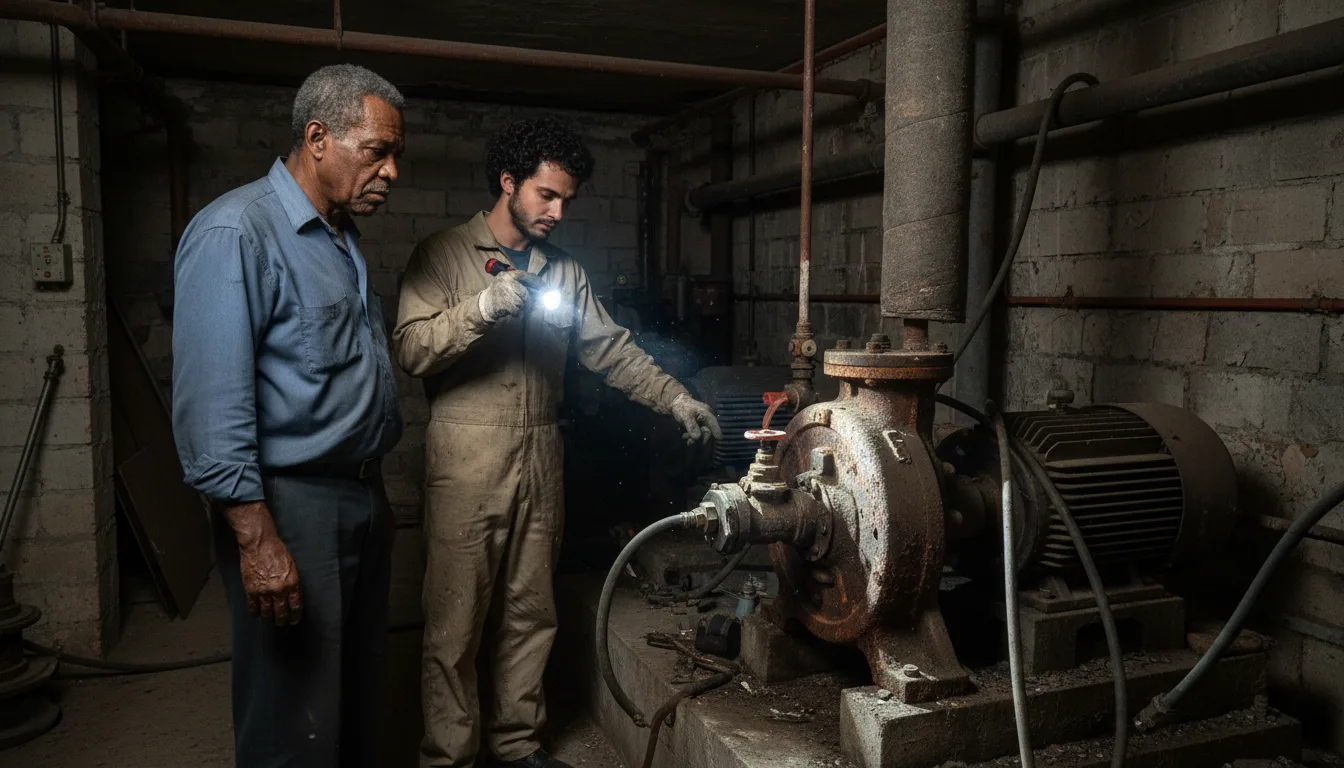 Dos hombres inspeccionan con linterna una bomba industrial oxidada en un cuarto de máquinas subterráneo
