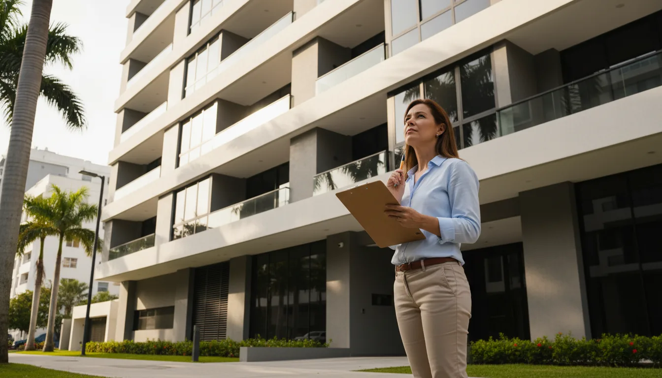 Mujer con portapapeles observa la fachada de un edificio residencial de varios pisos con balcones
