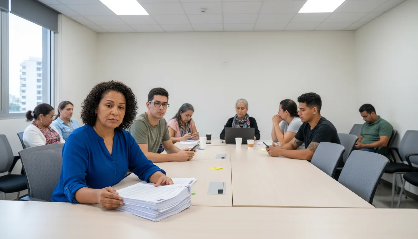 Mujer con pilas de documentos impresos en sala de reuniones, con otras siete personas sentadas a la mesa