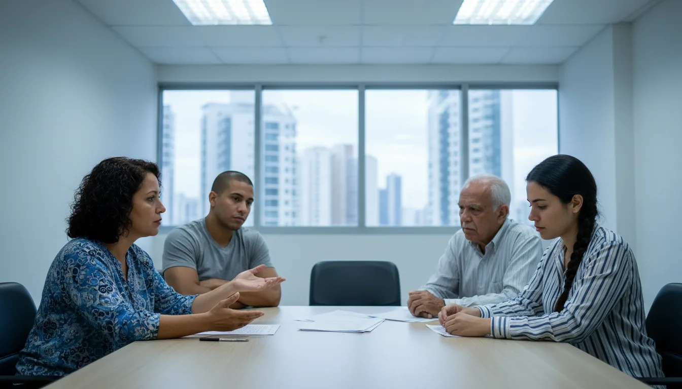 Cuatro personas en sala de reuniones con documentos sobre la mesa y edificios al fondo, conversando con gestos de discusión