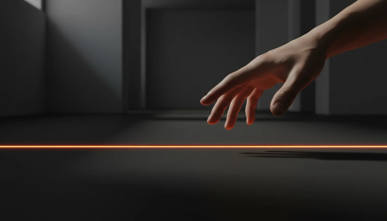 A hand reaching down toward a thin glowing orange line on the floor of a dim, empty room