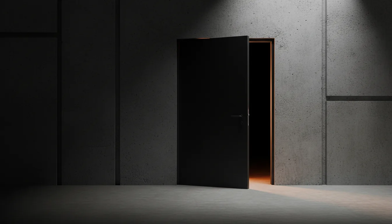 Dark concrete room with a black door slightly ajar, warm light spilling through the narrow gap