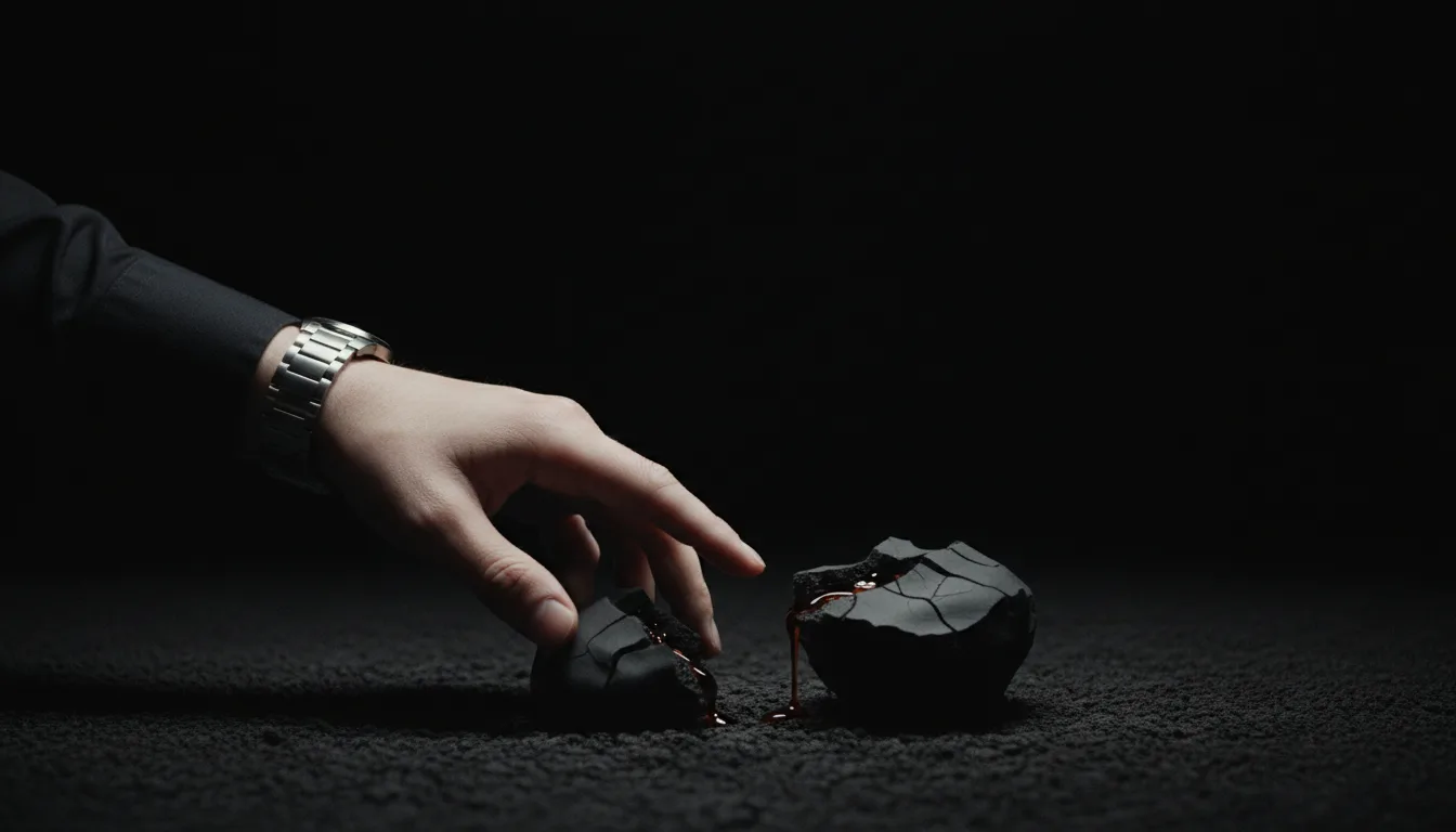 A hand with a wristwatch reaches toward two cracked dark stones leaking a red substance onto a dark surface