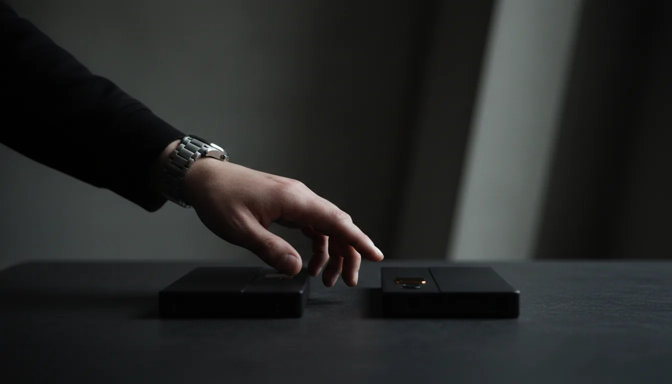 A hand with a wristwatch reaches toward two dark rectangular devices on a table, a faint light glowing between them