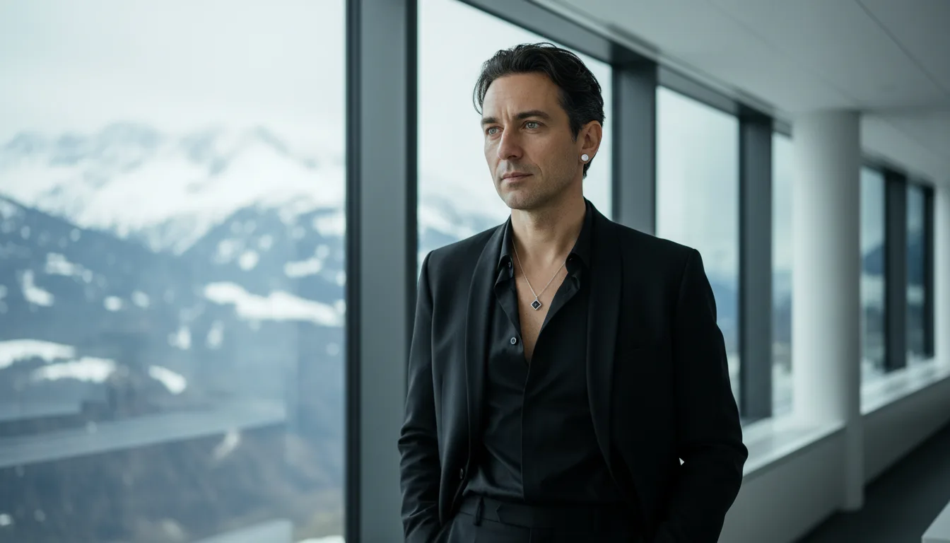 Man in a black suit stands by floor-to-ceiling windows, gazing out at snow-covered mountains