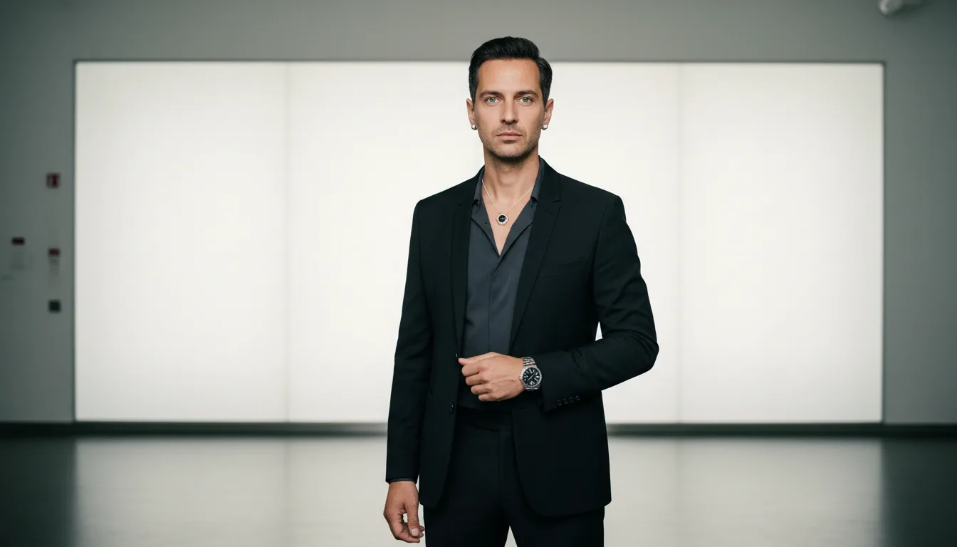Man in a dark suit stands in an empty gallery-like room with bright panel lighting behind him