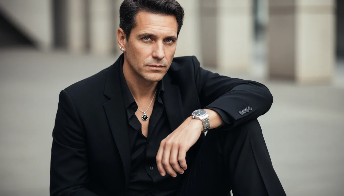 Man in a black suit sits outdoors against blurred columns, resting an arm on his knee, watch visible