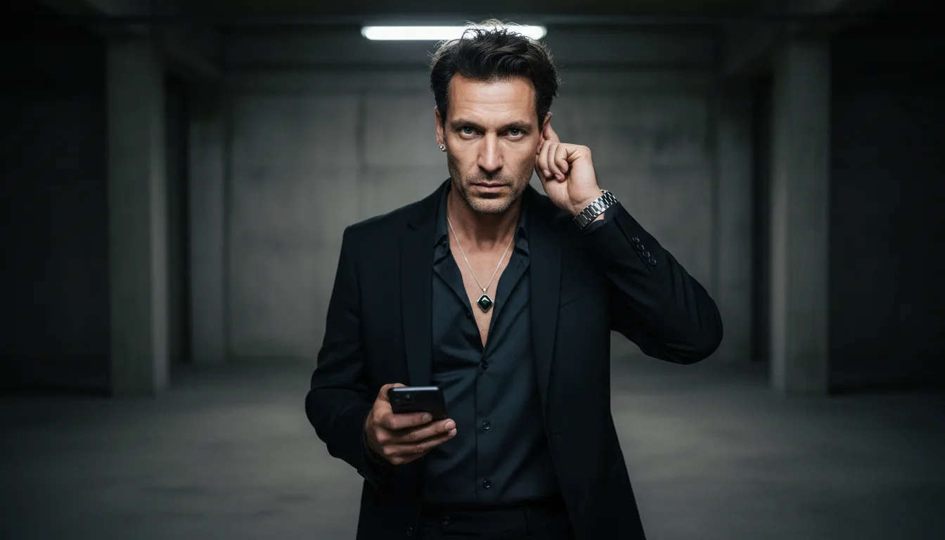 Man in a dark suit touches his ear while holding a phone, standing in a bare concrete corridor