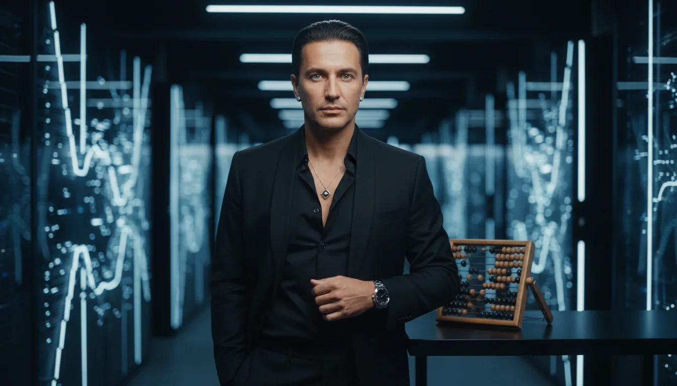 Man in black suit standing in a server corridor beside a wooden abacus on a dark table