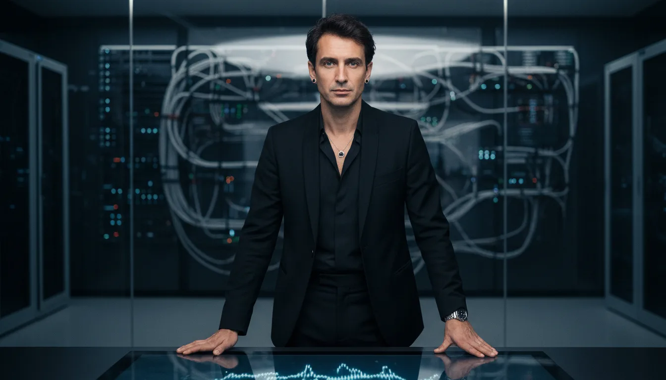 Man in black suit stands behind a glass desk with a data display, server room with cables behind him