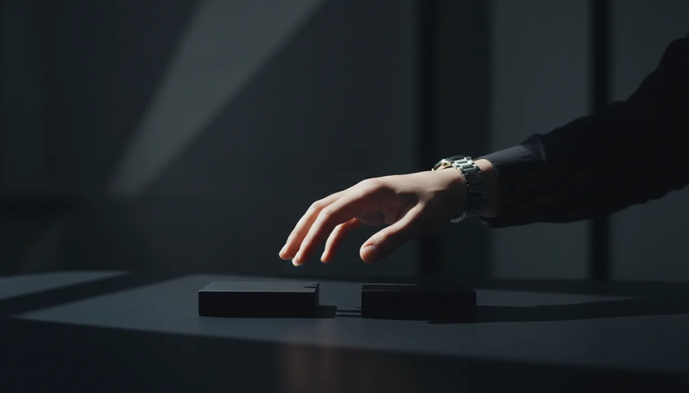 A hand wearing a wristwatch reaches toward two dark blocks on a table in a dim room