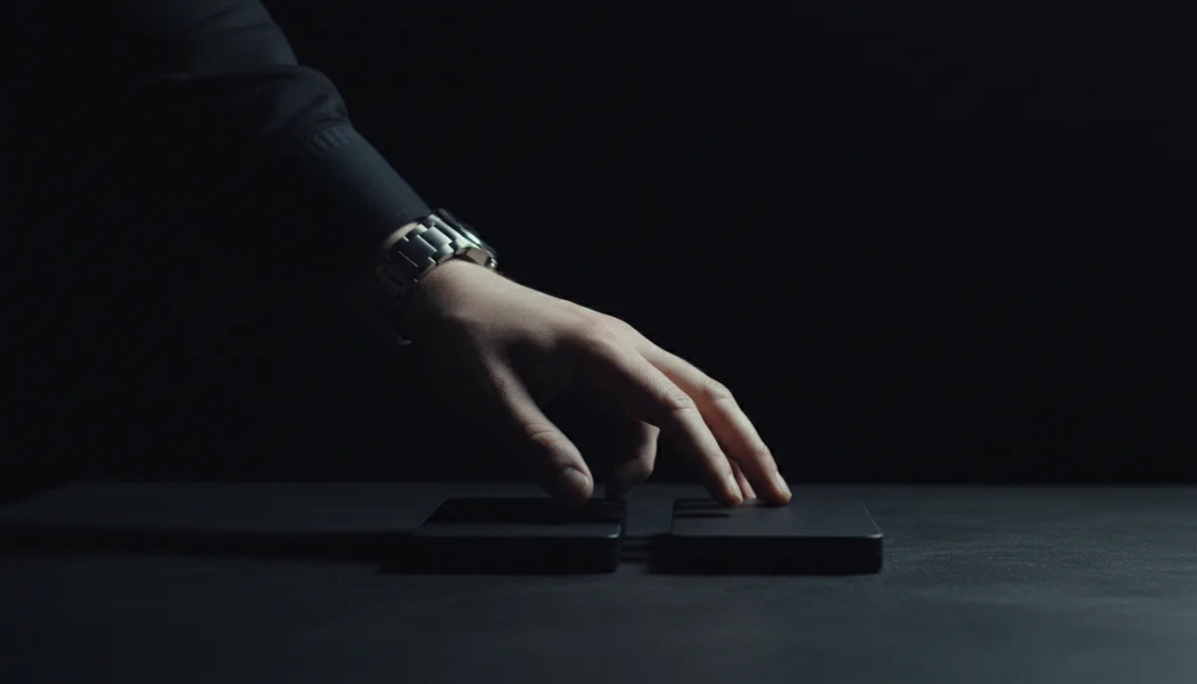 A hand wearing a wristwatch reaches toward two dark panels on a table in a dim room