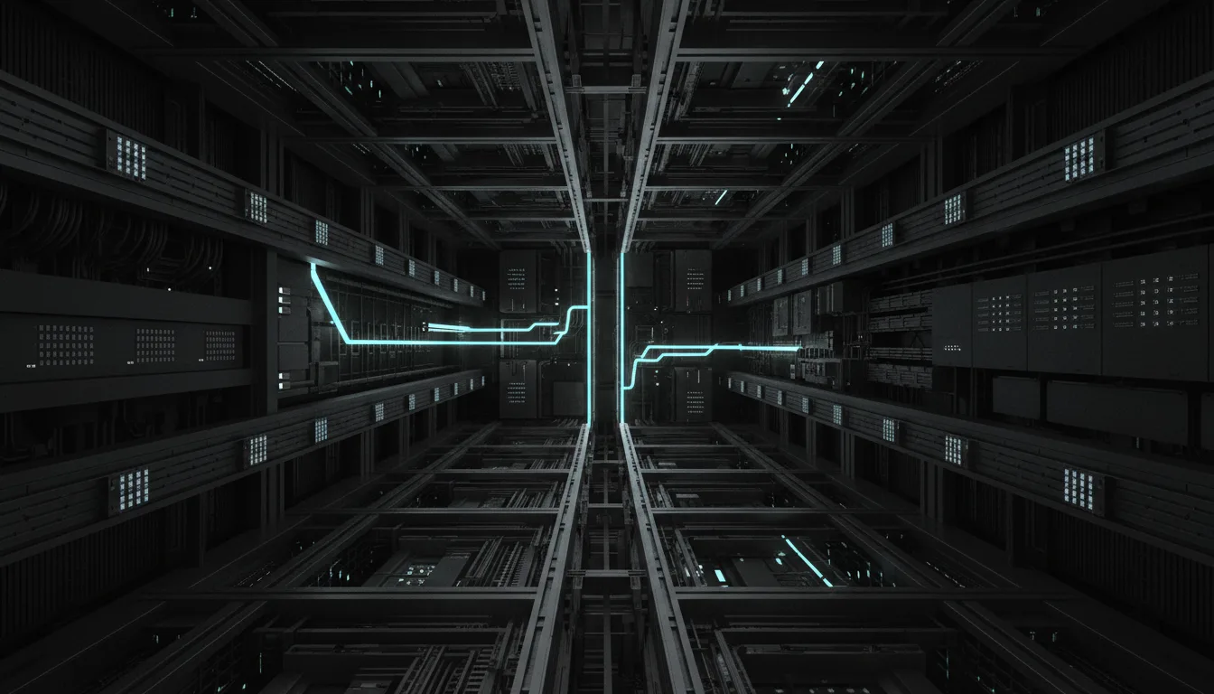 Symmetrical server corridor viewed from below, glowing teal cables running along the central ceiling axis