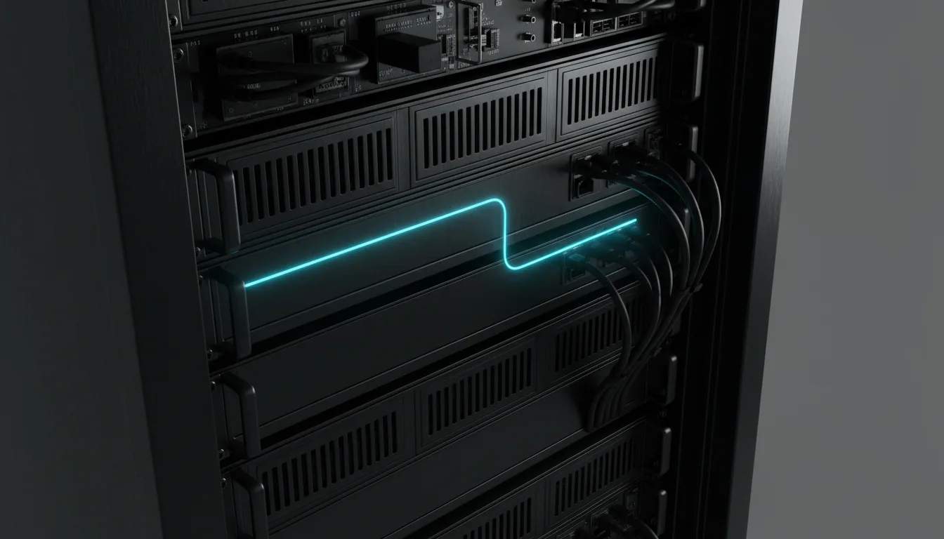 Glowing teal cable running straight through a dark server rack, connecting into a bundle of black cables