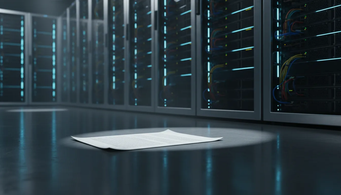 A lone printed document lies spotlit on the floor of a dim server room lined with active data racks