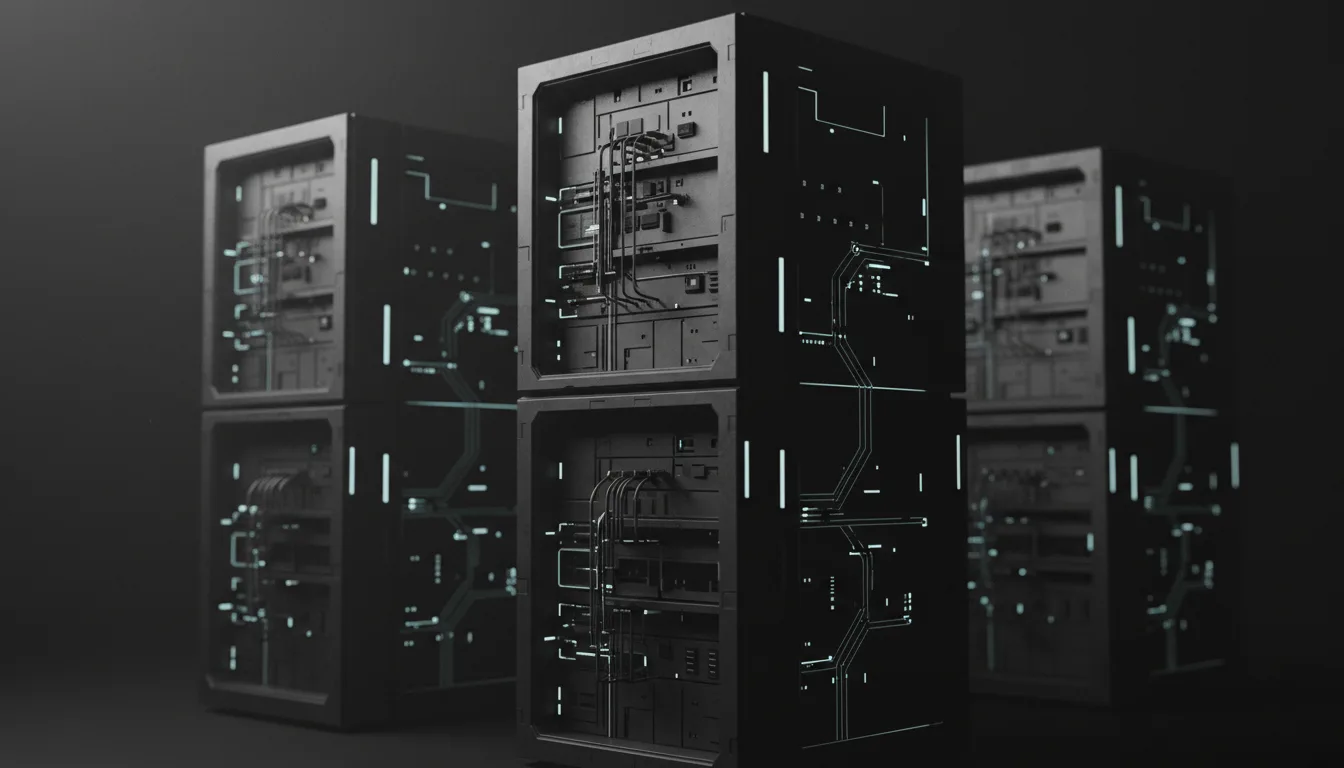 Dark server racks with glowing teal circuit lines etched across their panels in a dim room