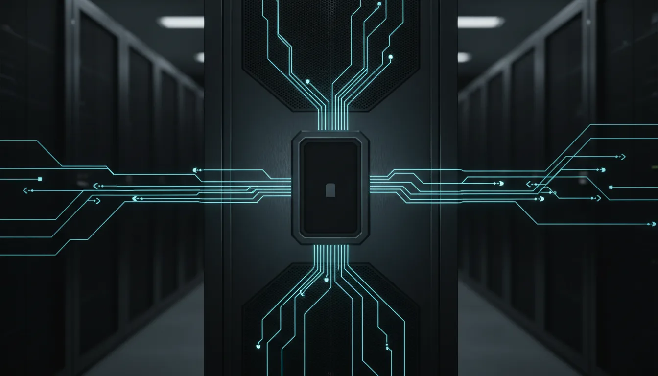 Server rack with a central node where glowing teal circuit lines converge from both sides of a data center aisle