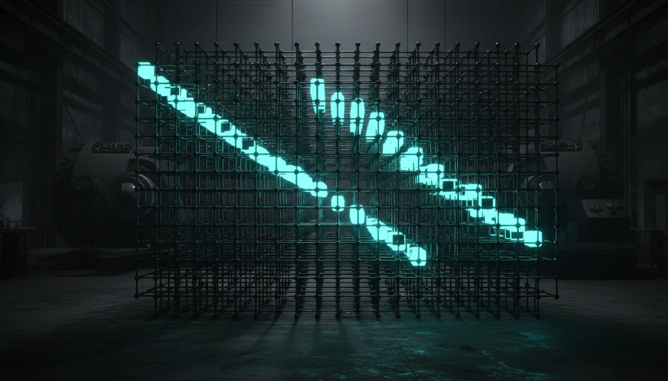 Glowing teal downward arrow and open hand suspended inside a dark industrial wire grid structure