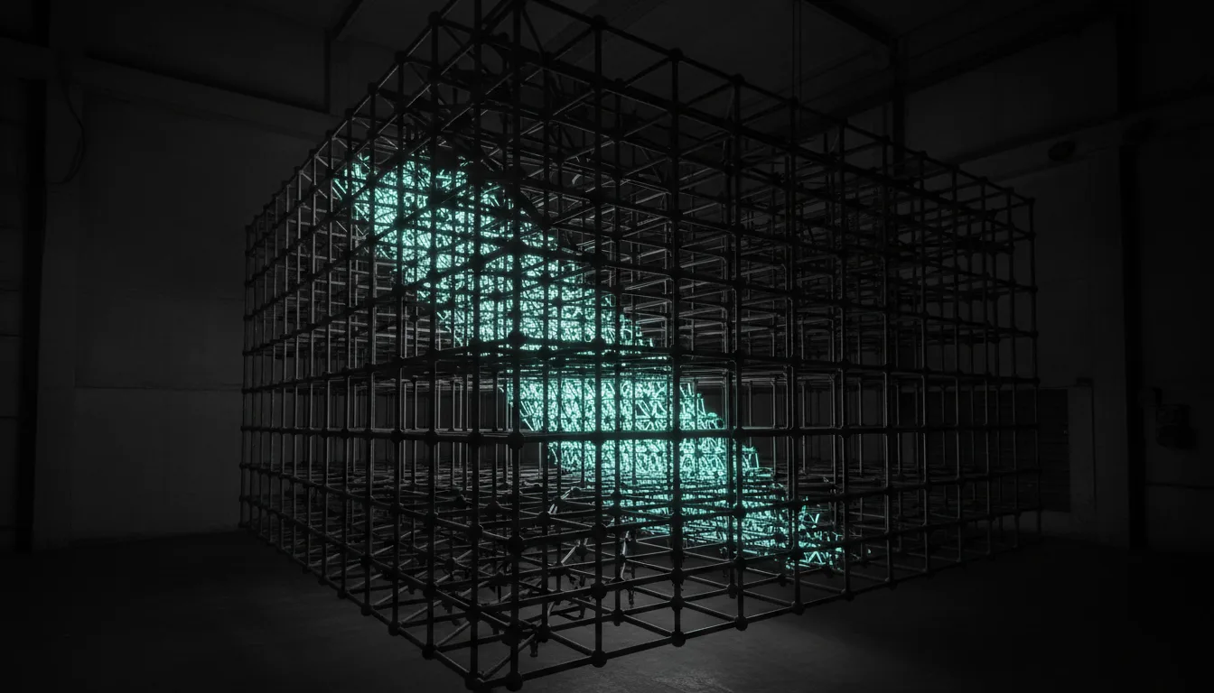 Large black metal grid cube with glowing teal structures visible inside, standing in a dark warehouse-like space