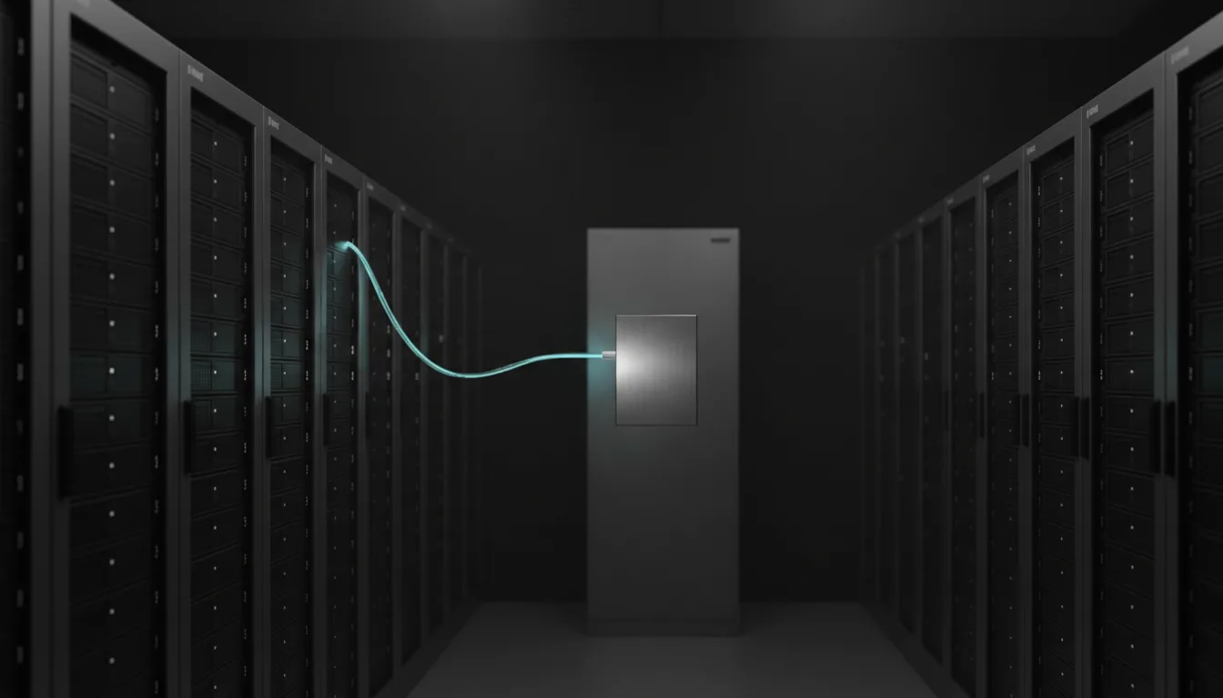 A single glowing teal cable connects a server aisle to one isolated silver module in a dark data center