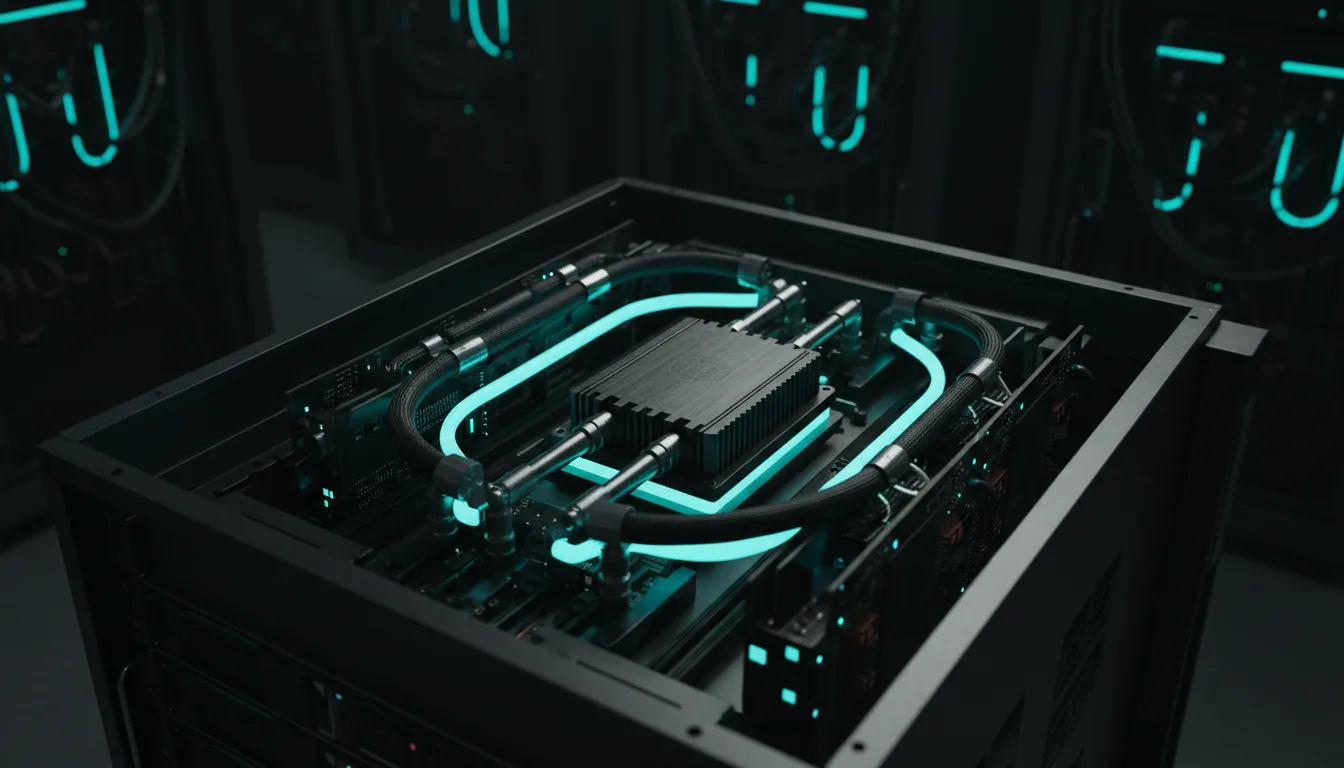 Server hardware with liquid cooling tubes glowing teal, surrounded by illuminated data center racks