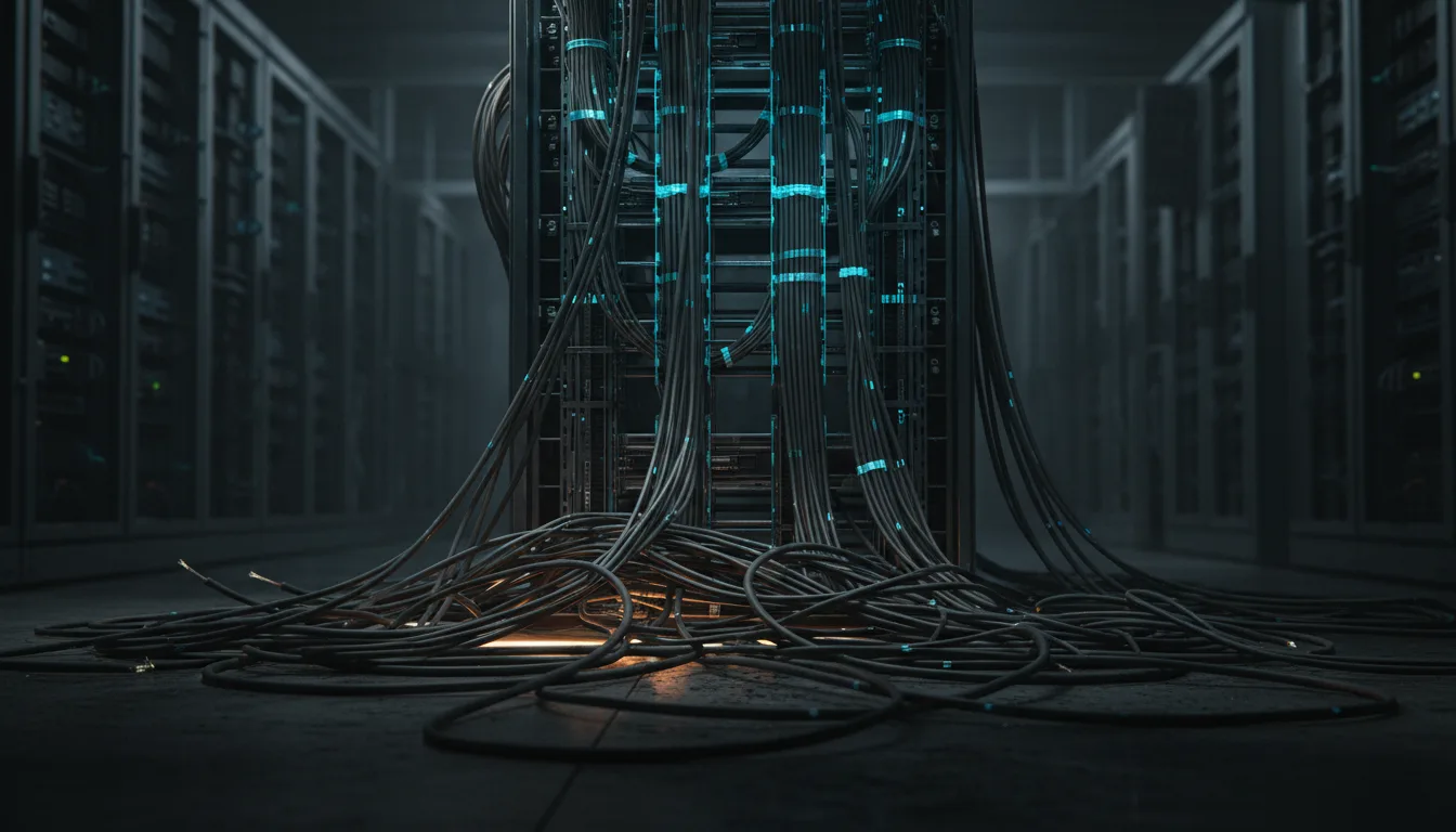 Dense server room rack with tangled cables, blue cable ties glowing against loose loops on the floor