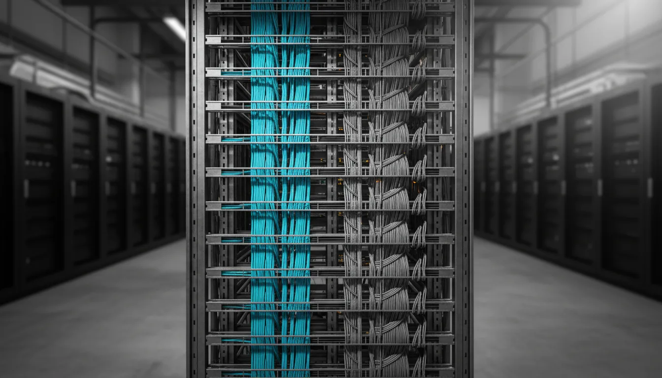 Server rack with one bundle of cables highlighted in teal against rows of uniform grey cables