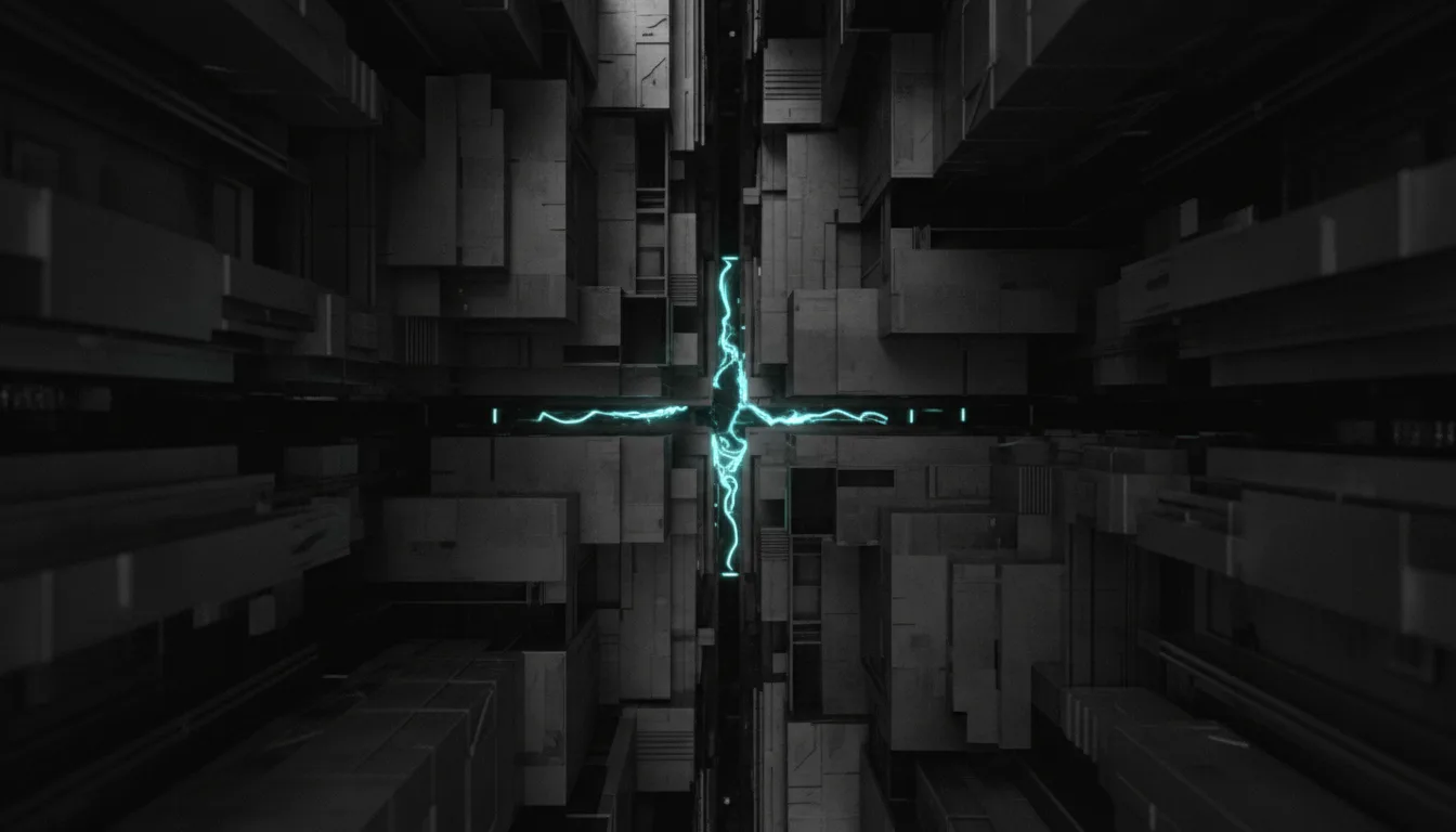 Glowing cyan cross-shaped current runs through a dark corridor of stacked geometric architectural blocks