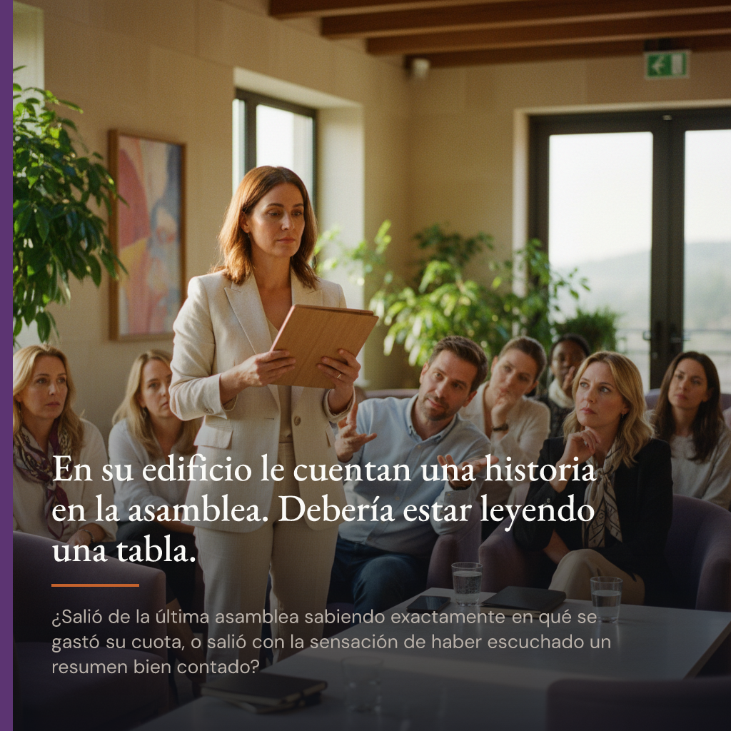 En su edificio le cuentan una historia en la asamblea. Debería estar leyendo una tabla.